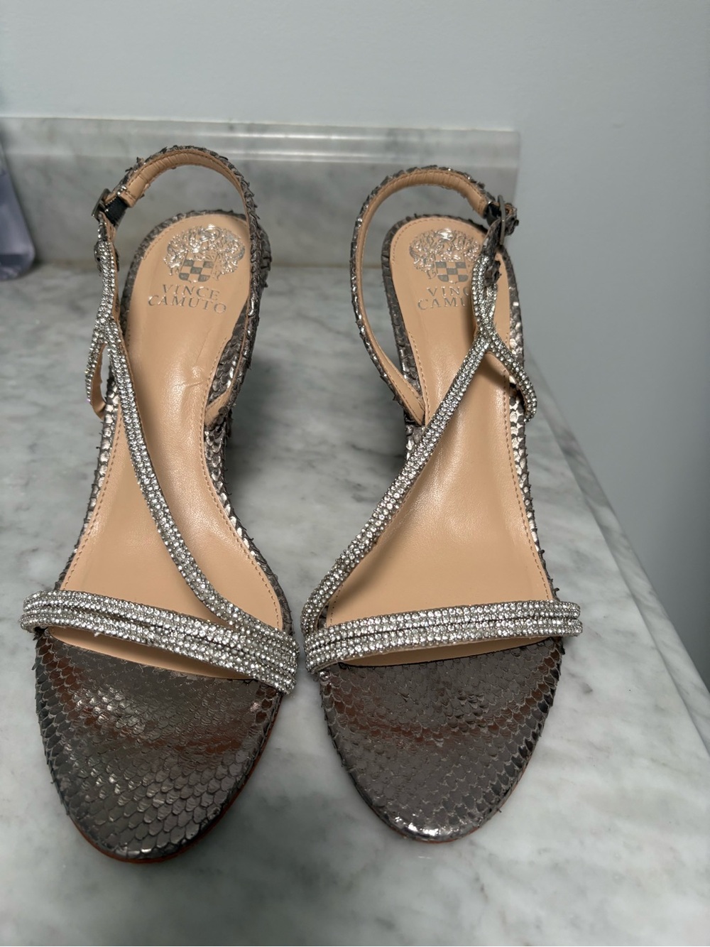 Vince Camuto Silver Crystal-Strap Open-Toe Heels